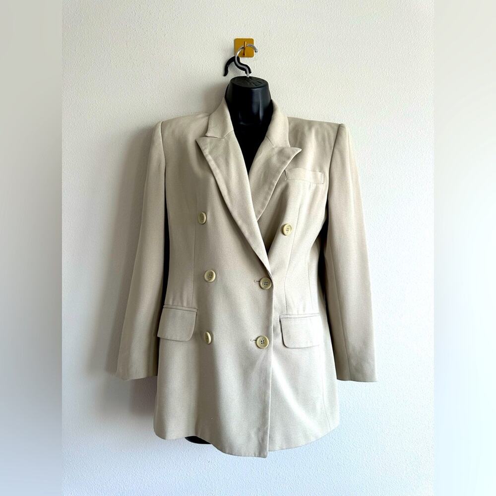 Vintage 90s Double-Breasted Blazer Oversized Longline Beige Power Blazer size 2P